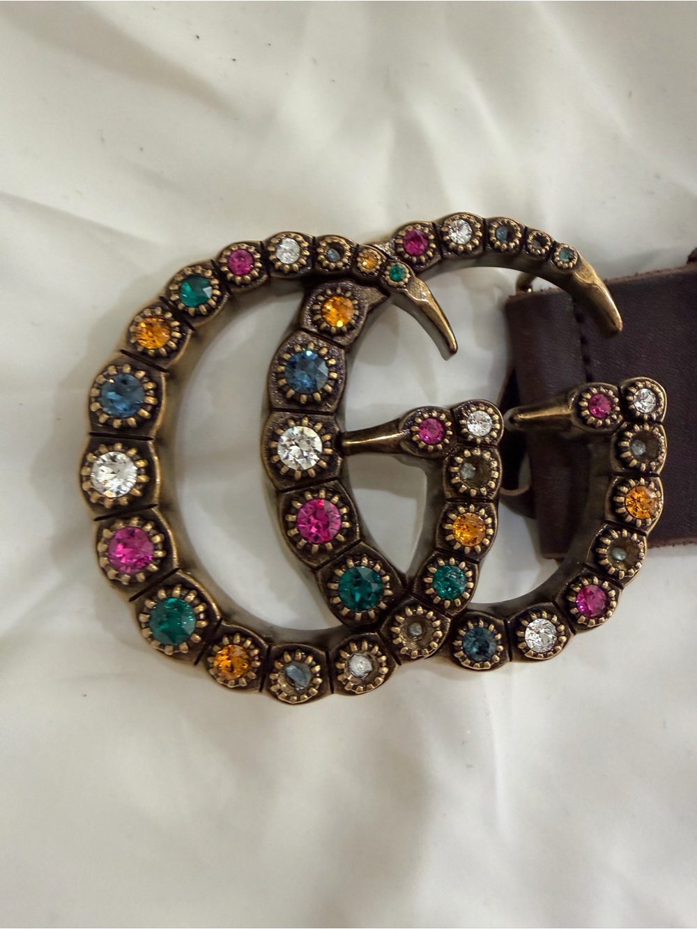 Gucci Multistone Double-G Crystal Buckle Belt - Brown Strap